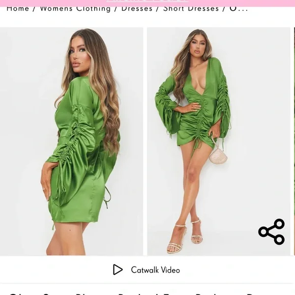 PrettyLittleThing | Dresses | Nwt Prettylittlething Plus Olive Satin Plunge  Ruched Front Dress Size X | Poshmark